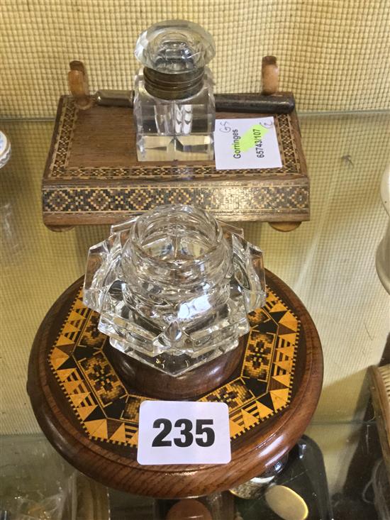 Tunbridge Ware rosewood mosaic banded rectangular inkstand and a circular mosaic and Vandyke banded inkwell stand